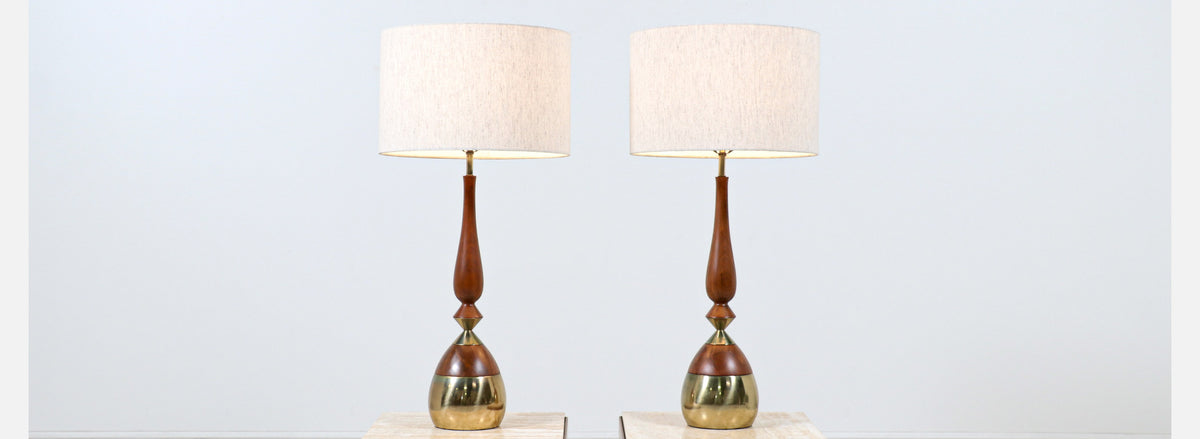 Tony Paul Sculpted Walnut & Brass Table Lamps for Westwood Industries 