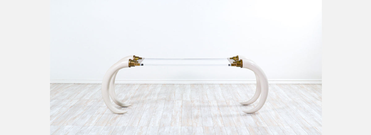 1970s Modernist Faux Elephant Tusk Brass & Lucite Console Table