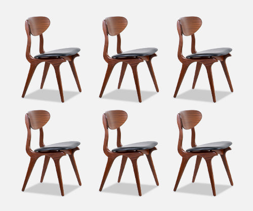 Louis van Teeffelen Sculpted Teak & Leather Dining Chairs for Webe