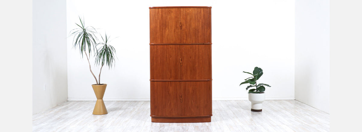 Danish Modern Tambour-Door Teak Corner Cabinet 