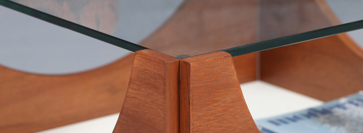 H.W. Klein Rolling Teak Coffee Table w/ Floating Glass Top for Bramin