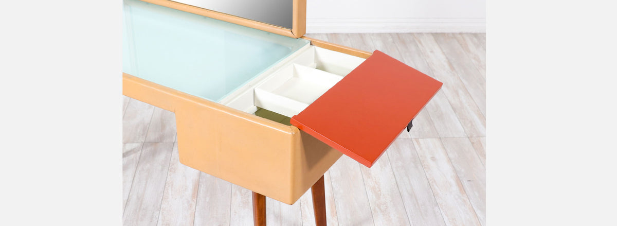 George Nelson Leather & Walnut Illuminated Vanity with Mirror & Ottoman for Herman Miller
