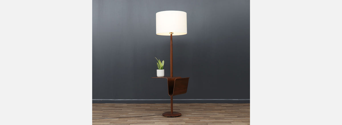 Laurel Sculpted Walnut Floor Lamp with Magazine Holder
