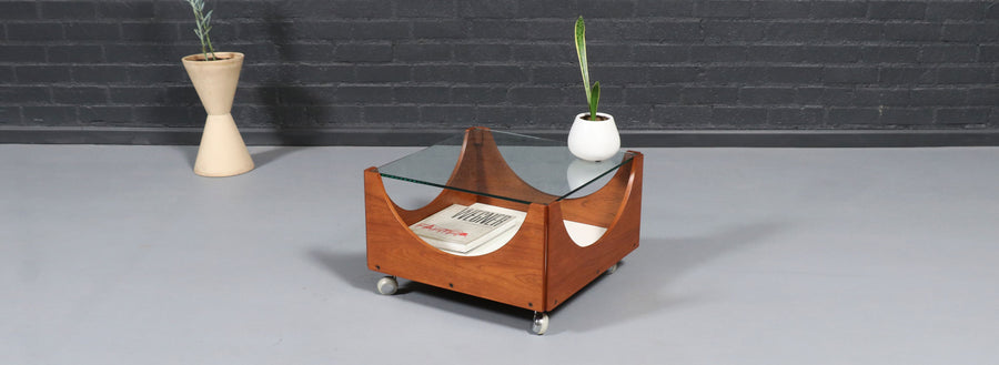 H.W. Klein Rolling Teak & Glass Coffee Table for Bramin