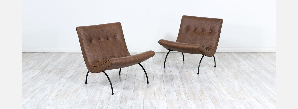 Milo Baughman "Scoop" Iron & Leather Lounge Chairs for Thayer Coggin
