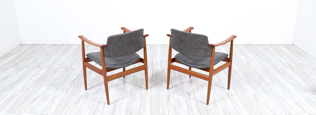 Norwegian Modern Sculpted Teak & Leather Arm Chairs by Gerhard Berg