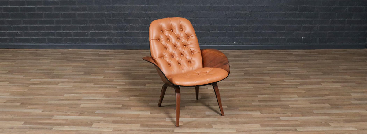 George Mulhauser Tufted Leather & Walnut Lounge Chairs for Plycraft