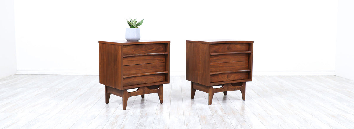 Mid-Century Modern Curved-Front Walnut Night Stands by United Furniture