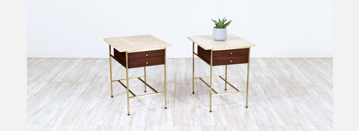 Paul McCobb "Irwin Collection" Travertine & Brass Night Stands for Calvin Furniture