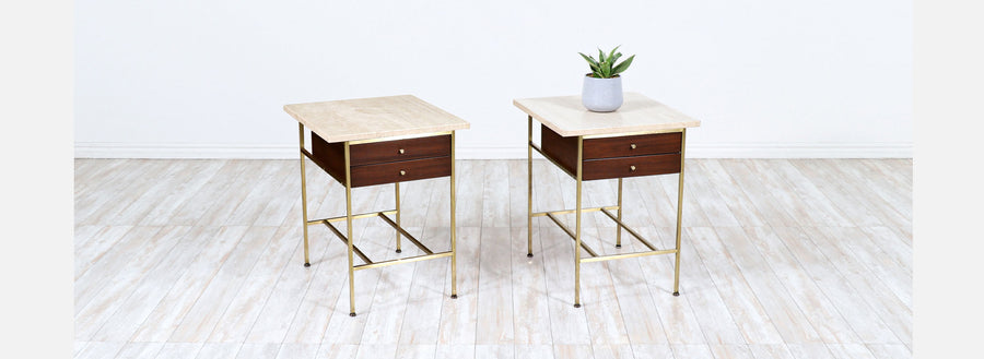 Paul McCobb "Irwin Collection" Travertine & Brass Night Stands for Calvin Furniture