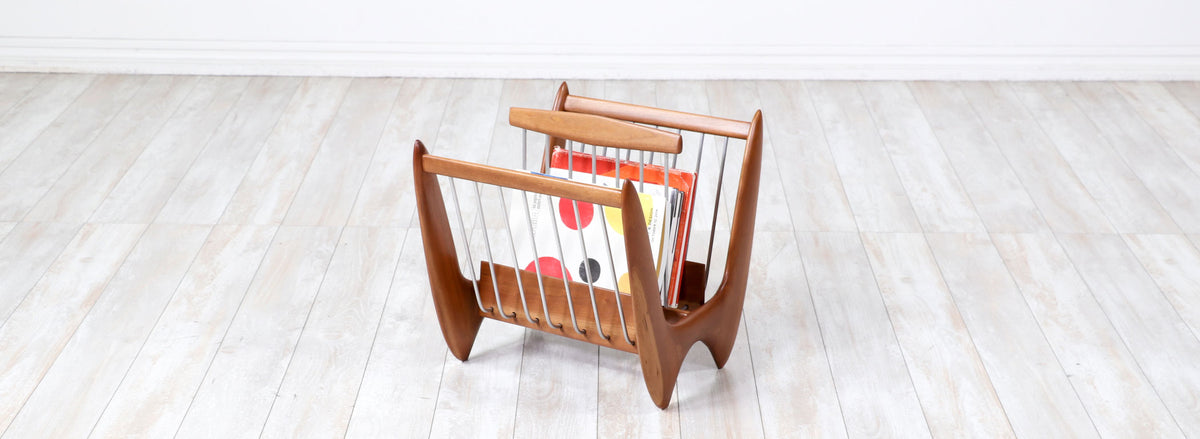 Mid-Century Modern Sculpted Walnut Magazine Holder
