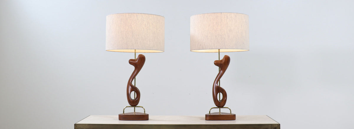 Arthur Jacobs Abstract Walnut & Brass Table Lamps for Modeline of CA