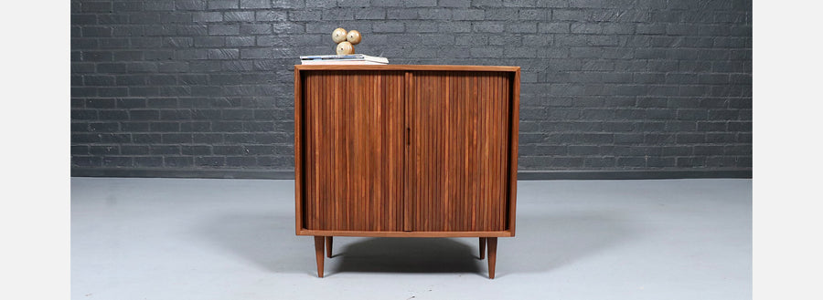 Milo Baughman Walnut Tambour Door Cabinet for Glenn of CA