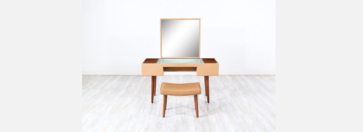 George Nelson Leather & Walnut Illuminated Vanity with Mirror & Ottoman for Herman Miller