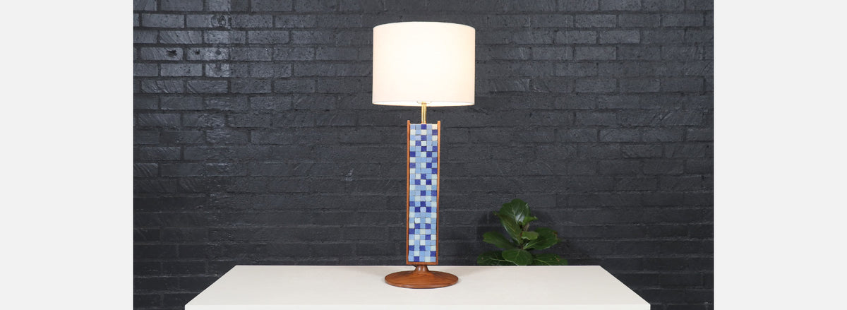 Mid-Century Modern Sculpted Walnut Table Lamp w/ Blue Mosaic Tiles