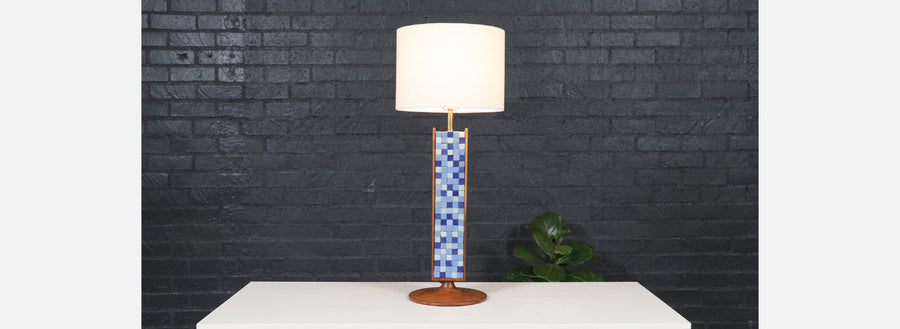 Mid-Century Modern Sculpted Walnut Table Lamp w/ Blue Mosaic Tiles