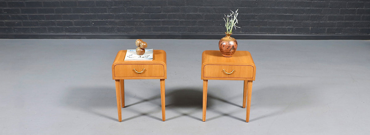 Swedish Scandinavian Modern Oak Night Stands w/ Brass Accent Handle