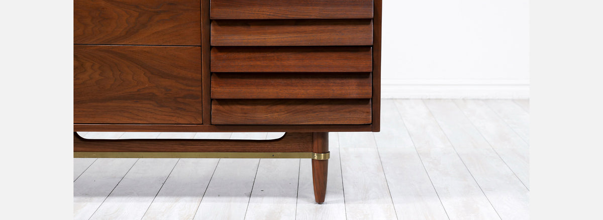 Merton L. Gershun Walnut Dresser with Brass Accents for American of Martinsville