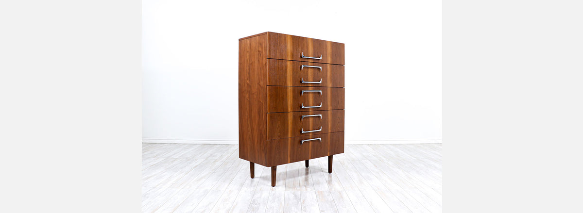 Mid-Century Modern Walnut Chest of Drawers with Sculpted Chrome Pulls