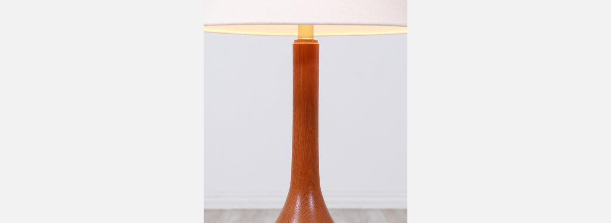 Danish Modern Sculpted Teak Table Lamp with Cone Linen Shade