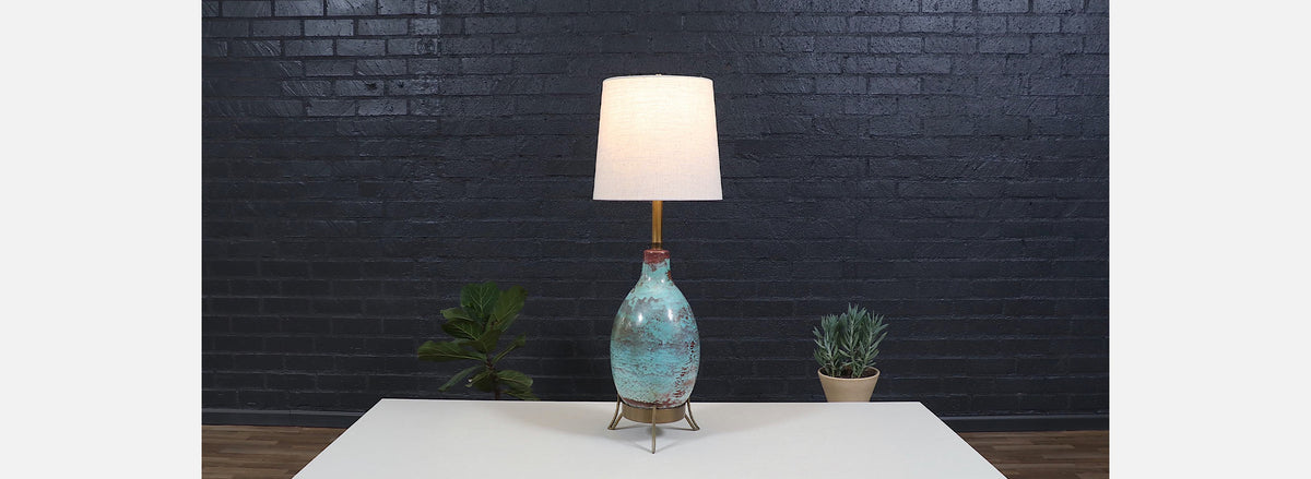 Mid-Century Glazed Ceramic w/ Brass Tripod Base Table Lamp by Marbro