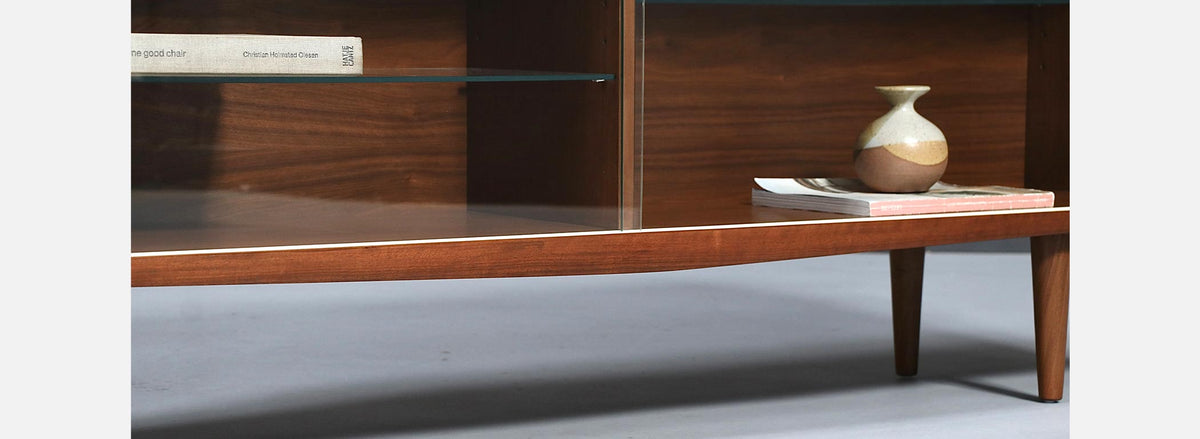 Mid Century Modern Low Walnut & Glass Bookcase Credenza