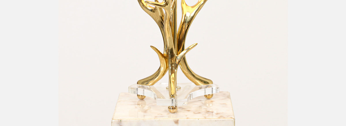Mid-Century Modern Sculpted Brass Horns & Lucite Table Lamp 