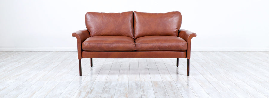 Hans Olsen Cognac Leather & Rosewood Love Seat Sofa