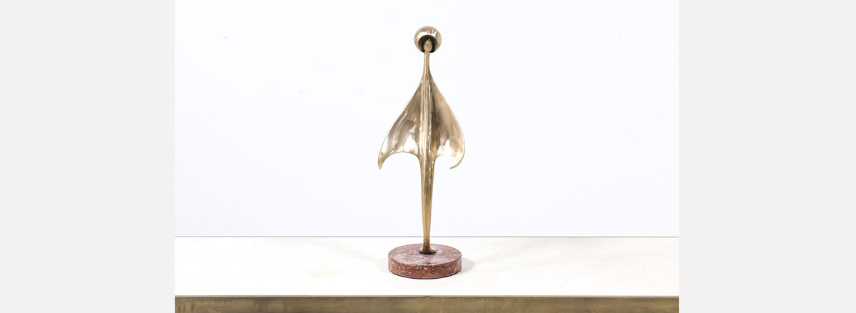Mid-Century Modern Abstract Brass Sculpture with Pink Marble Base