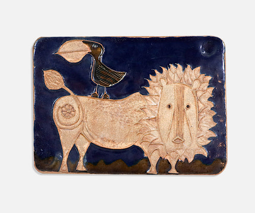 California Modern "Bird & Lion" Ceramic Plaque Art Work by Bertil Vallien