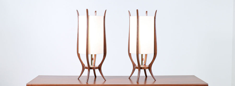 Pair of Mid-Century Modern Sculpted Walnut Table Lamps by Modeline