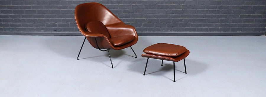 Vintage Eero Saarinen "Womb" Italian Cognac Leather Chair w/ Ottoman for Knoll