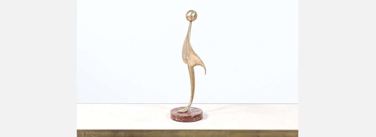Mid-Century Modern Abstract Brass Sculpture with Pink Marble Base