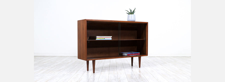 Vintage Mid-Century Modern Walnut Bookcase with Glass Sliding Doors