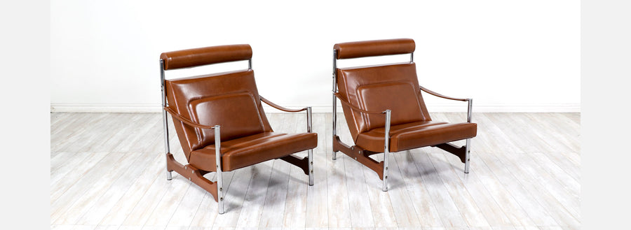 Mid-Century French Modern Sculpted Walnut & Leather Lounge Chairs by Steiner