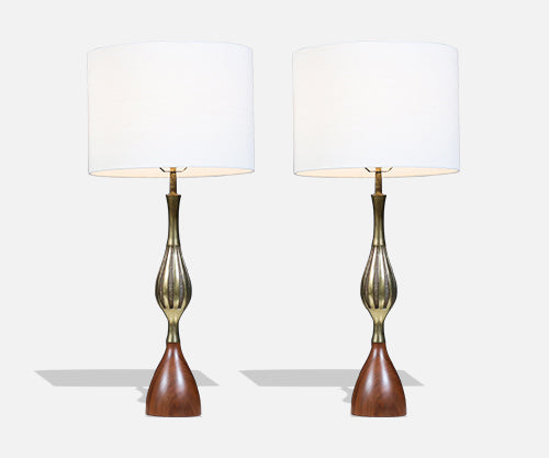 Tony Paul Sculpted Brass & Walnut Table Lamps for Westwood Industries