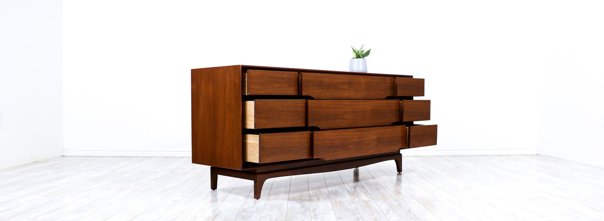 Mid-Century Modern 9-Drawer Sculpted Walnut Dresser 