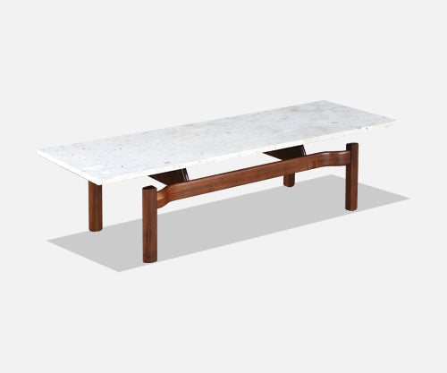 Mid-Century Modern Sculpted Walnut Coffee Table w/ Marble Stone Top 