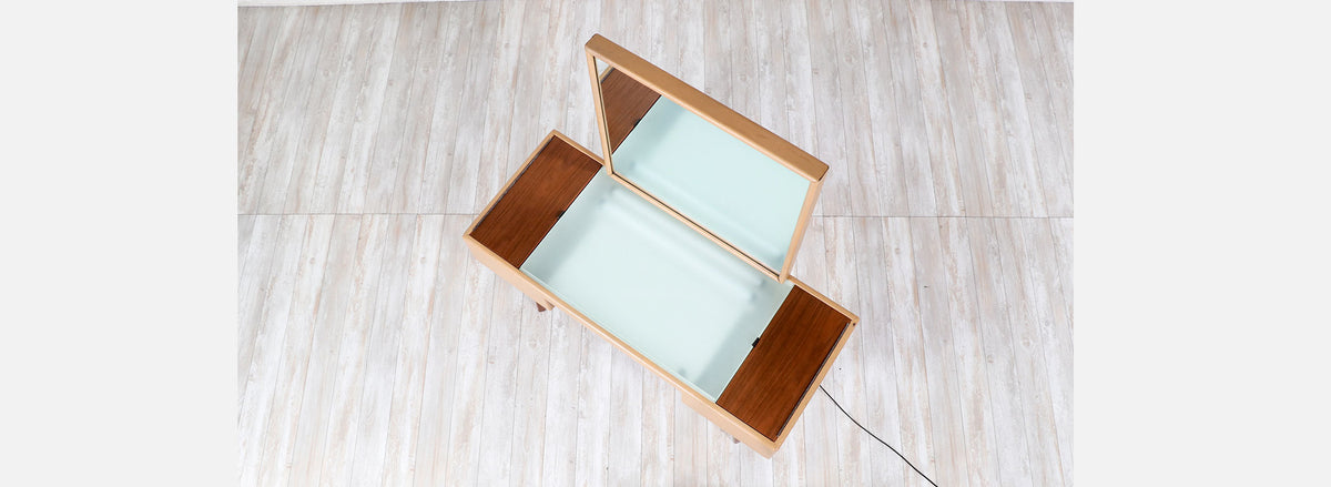 George Nelson Leather & Walnut Illuminated Vanity with Mirror & Ottoman for Herman Miller