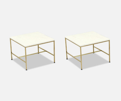 Paul McCobb "Irwin Collection" Carrara Marble & Brass Side Tables for Calvin Furniture