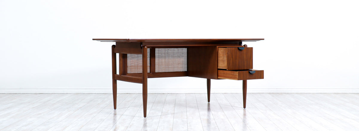 Finn Juhl Executive Walnut Desk with Caning for Baker Furniture
