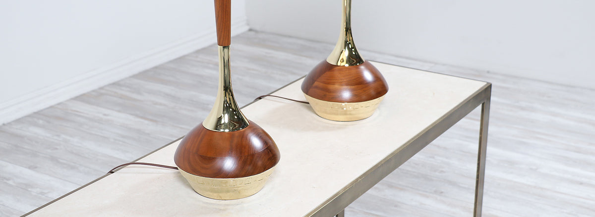 Mid-Century Modern Walnut & Brass Accent Table Lamps by Laurel 