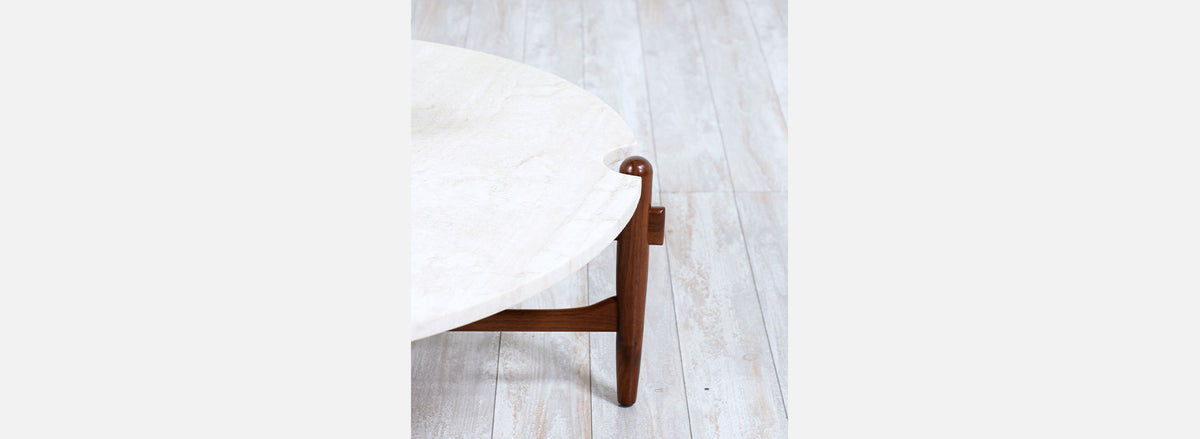 Merton L. Gershun Sculpted Walnut & Travertine Stone Coffee Table for American of Martinsville