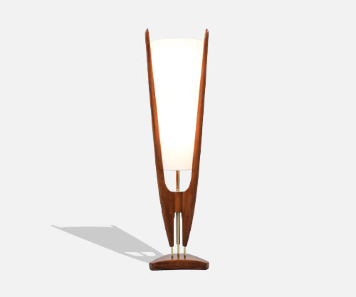 California Modern Sculpted Walnut & Brass Lamp with New Linen Shade for Modeline