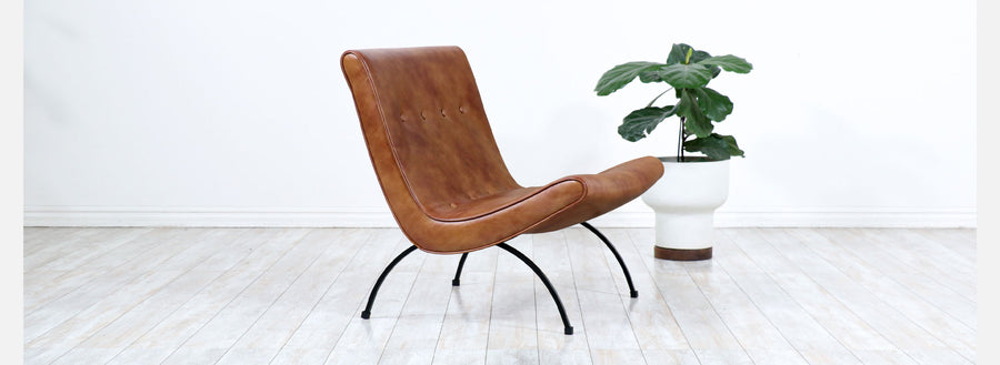 Milo Baughman "Scoop" Iron & Cognac Leather Lounge Chair for Thayer Coggin