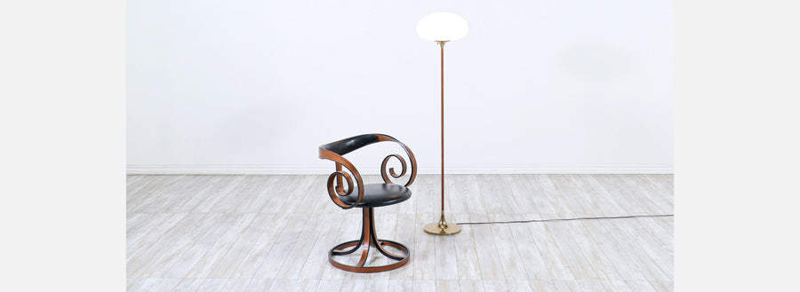Mid-Century Modern “Mushroom” Brass & Teak Stem Floor Lamp by Laurel