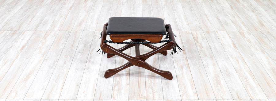 Don Shoemaker Folding Leather & Rosewood Stool for Señal Furniture