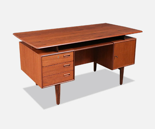 Danish Modern Floating Top Teak Desk w/ Bookcase